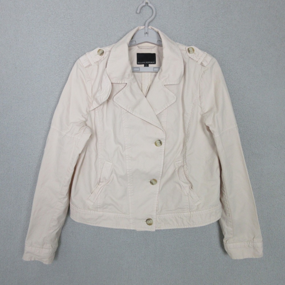 Banana Republic Utility Jacket Womens L Cream Cotton Asymmetric Button Epaulette